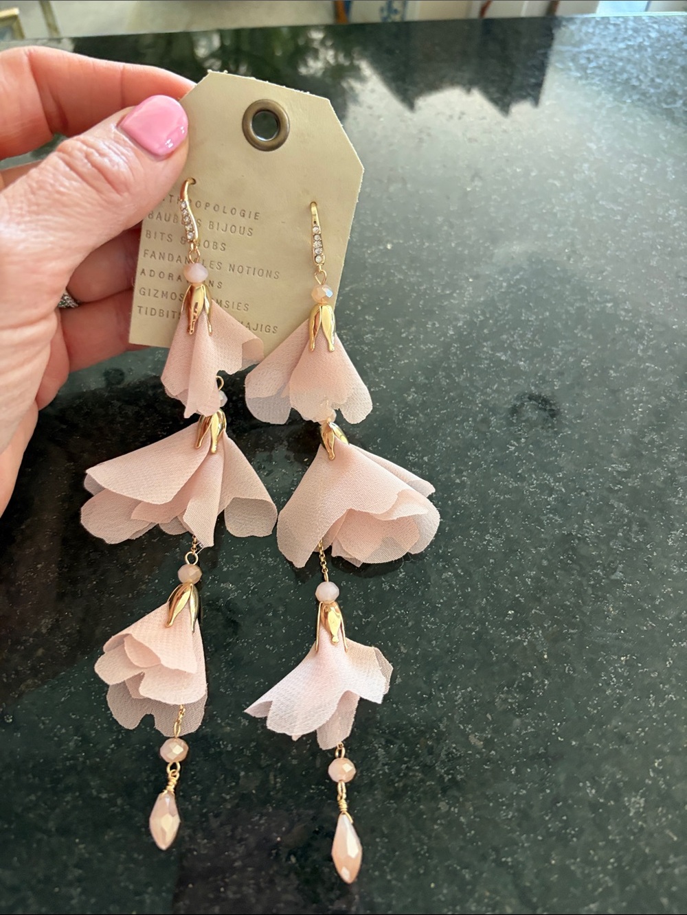 Anthropologie Blush Pink Tiered Chiffon Floral Drop Earrings with Gold Accents